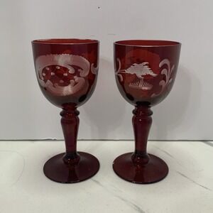 2–EGERMANN BOHEMIAN 3 RUBY RED CUT-TO-CLEAR WINE CLARET